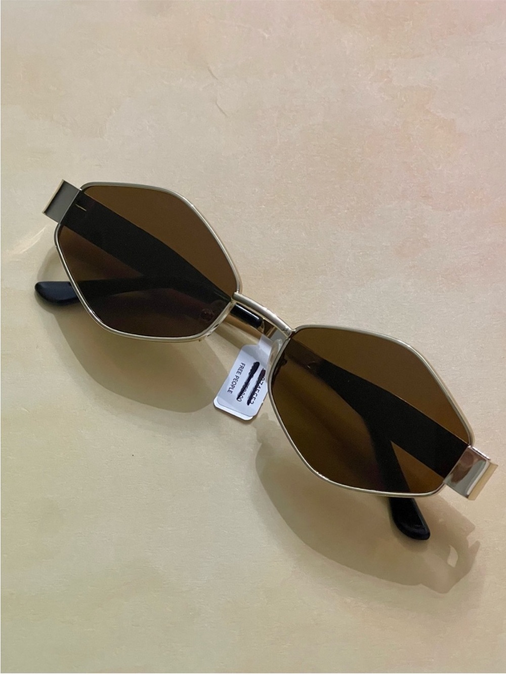 Free People Geometric Hexagon Brown Lens Sunglasses with Gold Frame